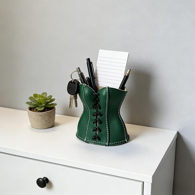 Faux Leather Lace-Up Corset Pencil Holder – Gothic Y2K Desk Pen Cup Makeup Brush Organizer Mini Storage for Home Office, Green