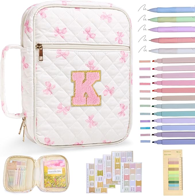 Initial Bible Cover Case for Women Girls Kid Large Bible Cover with Durable Handle Quilted Bible Carrying Case for Girls Bible Study Supplies Accessories (Pink Bow K, one Size)