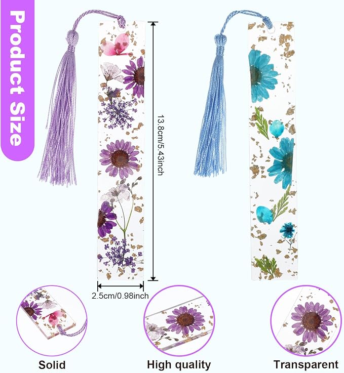 Book Page Holder 4 Pieces - Dried Flower Resin Bookmarks with Tassel, Handmade Book Mark Set Reading Accessories for Reading Lovers, Thumb Page Holder Gift for Bookworm Readers