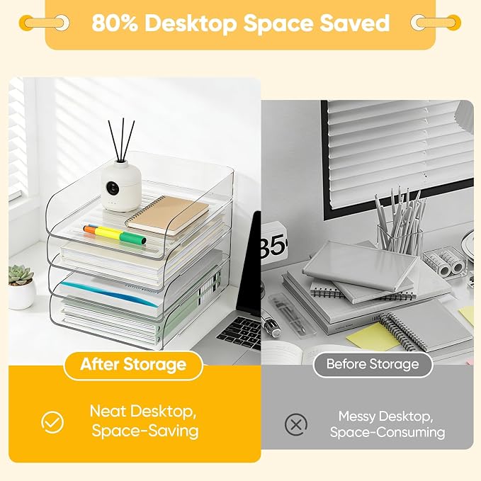 HIYOHIYO Clear Office Desk Organization for A4 Letter Paper, 4-Tier | Vertical Style, Stackable, Large Capacity, Sturdy Office Organizer for File Folder, Stable Home Desktop Holder and Storage