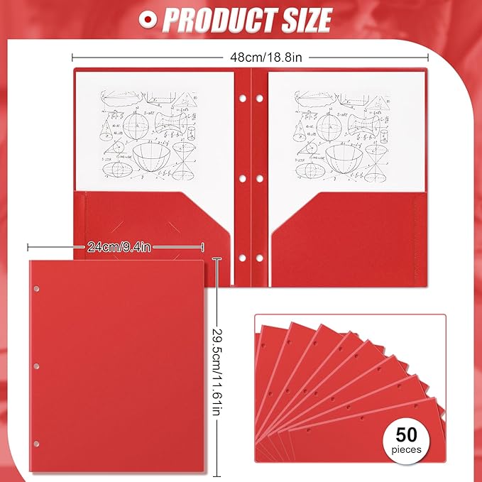 Yeaqee 50 Pcs Plastic Folders with Pockets Bulk 3 Hole Punched 2 Pocket File Folders for 3 Ring Binder Divider Folder for Notebooks, Durable Poly for Office Home (Red)