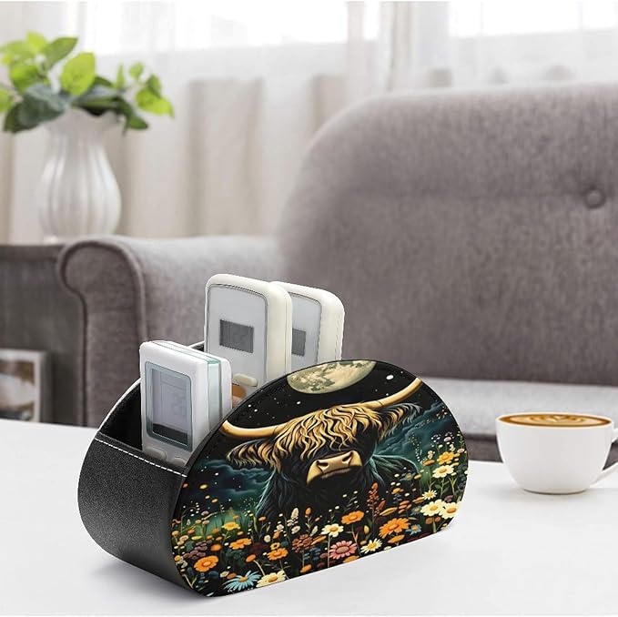 Highland Cow Starry Night Art Remote Control Holder with 5 Compartment PU Leather Multi Functional Desk Storage for TV Remotes Office Supplies