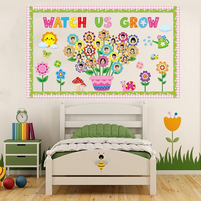 Spring Theme Bloom Flower Bulletin Board Set Watch Us Grow Classroom Decor Spring Floral DIY Photo Craft Cutouts Inspirational Bulletin Board for Back to School Classroom Wall Decor Party Supplies