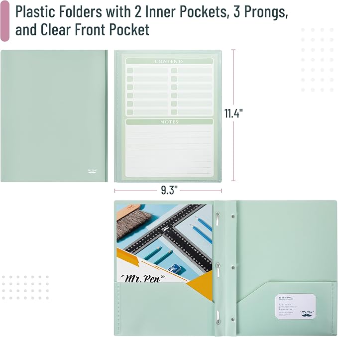 Mr. Pen- Plastic Folders with Pockets and Prongs, 10 Pack, Letter Size, Assorted Pastel Colors, Flexible Plastic Folders with Prongs, Clear Front Pocket, Card Slot & Color-Coded Cover Papers