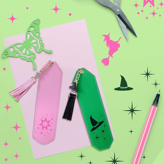 Skyygemm 2 Pcs Leather Witch Bookmark Set Print Witch Book Accessories Pink and Green Bookmark for Bookish Lover Gift Movie Musical Fans Gift Party Favors
