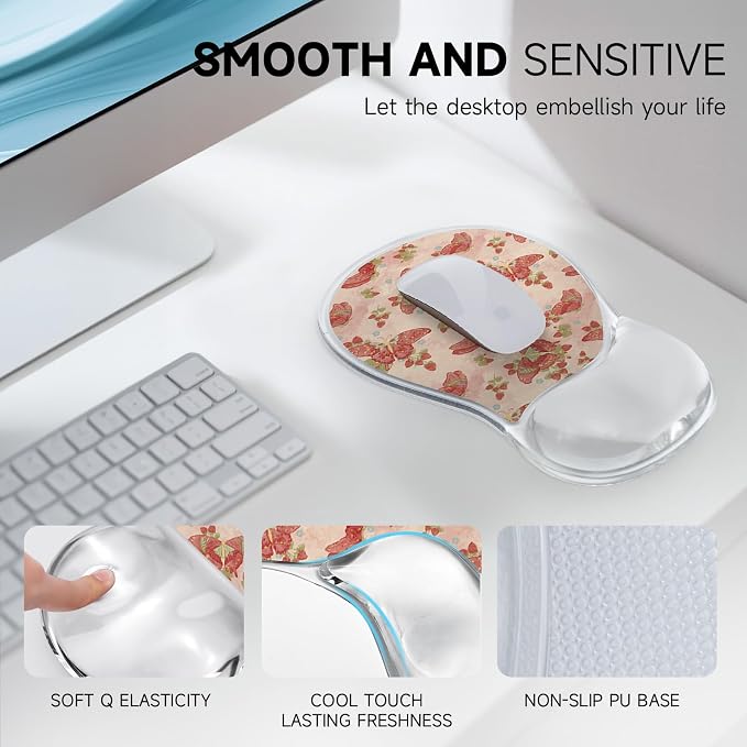 AUPET Ergonomic Mouse Pad with Gel Wrist Support – Non-Slip Mouse Mat with Comfortable Memory Gel Cushion – Relieves Wrist Pain – Designer Pattern for Home Office & Gaming (Pink Butterflies)