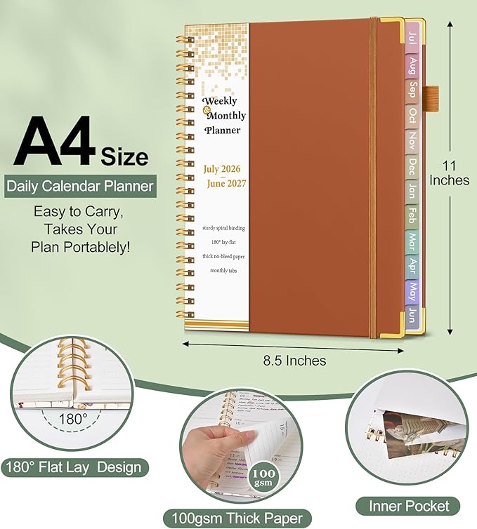 Academic Planner 2026-2027, Hardcover Weekly and Monthly Calendar Planner from July 2026 - June 2027, Daily Agenda Planners with Tabs, College School Organizer for Student Teacher, A4 (8.5" x 11"), Brown