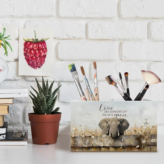 Rustic Elephant Pen Holder for Desk, Elephant Lover Gifts Pencil Organizer, Live Like Someone Left the Gate Wooden Box Sign Desk Decor for Farmhouse Home Office Decoration