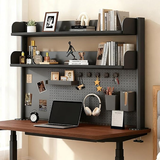 Clamp On Desk Shelf Organizer with Pegboard Desk Hutch Dorm with Storage Bookshelf Desk Top Organizer Shelf Multi-Purpose White & Black Desktop Shelves & Office Shelves (Black, W - 39.4")