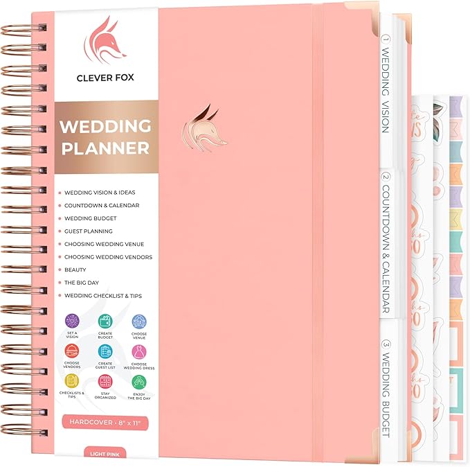 Clever Fox Wedding Planner – Notebook Organizer for Bride – Wedding Planning Binder Book with Pockets – Engagements Gift, 10x11″ (Light Pink)
