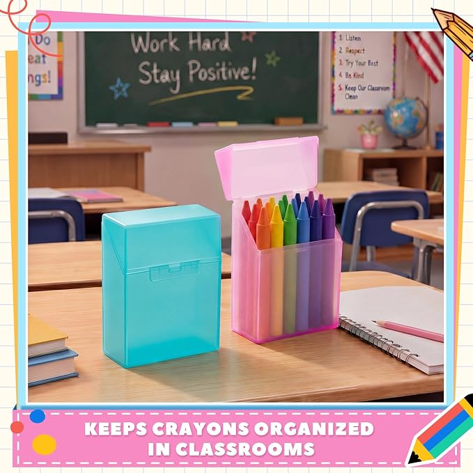 Clabby 4 Pcs Plastic Crayon Organizer Case for 24 Count Crayons Kids Art Supply Storage Box with Lid, Portable Holder for Classroom Home Travel, Fits Standard 24-Pack Crayon (Teal,Pink)