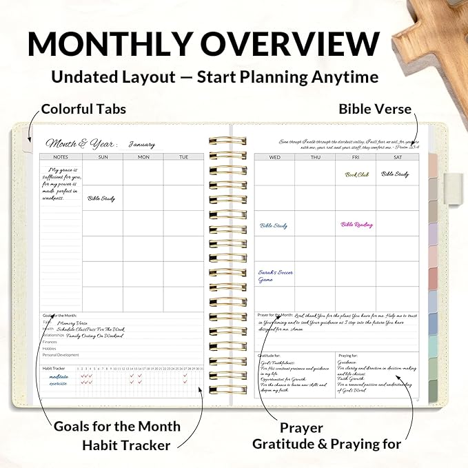 SUNEE Christian Planner - Undated 12 Month Bible Journal and Prayer Planner A5 Spiral Bound, Monthly & Weekly Christian Organizer Gifts for Women Men (Beige)