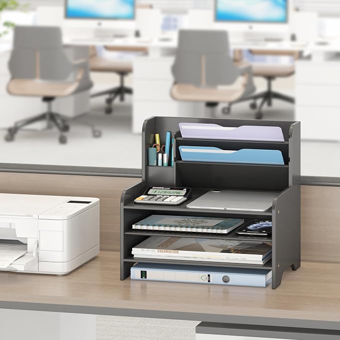 Desk File Organizer - 6-Tier Desktop Mail Letter Tray Paper Document Organizer with Pen Holder for Home Office Supplies, Office Desk Accessories & Workspace (Black)