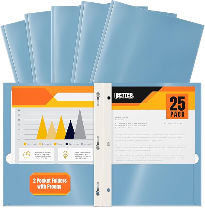 Better Office Products 2 Pocket Glossy Light Blue Paper Folders with Prongs, 25 Pack, Letter Size, High Gloss Light Blue Paper Portfolios with 3 Prong Fasteners, Box of 25