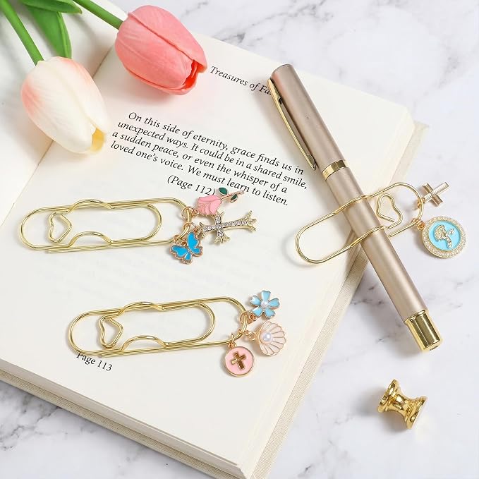 Wxiben Bible Paper Clip Bookmark - 3 Pcs Christian Metal Paperclip Pen Holder Book Mark with Charms Faith Page Marker Planner Decorative Paper Clips Gifts for Women Reading Book Lover Accessories