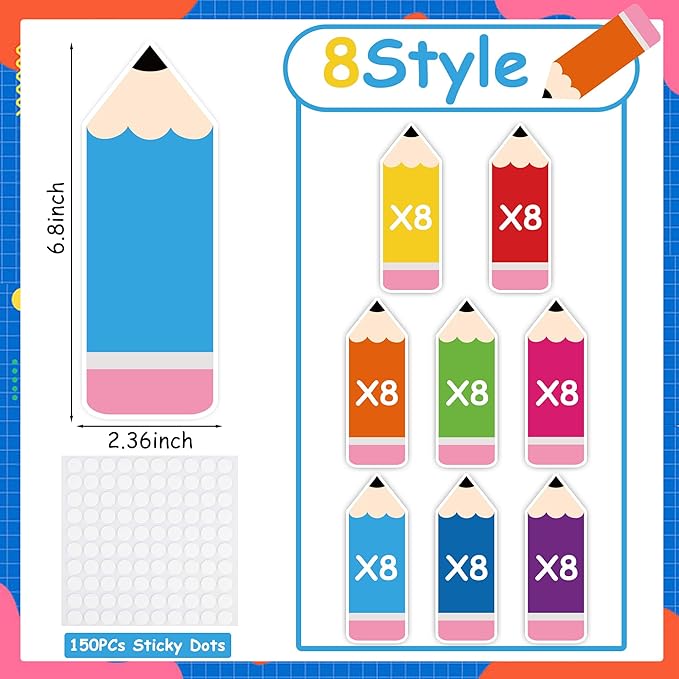 64 Pcs Colorful Pencil Cutouts Pencil Name Tags for Classroom Back to School Bulletin Board Locker Decor Paper Cut Outs with Glue Points for Teacher Student School Bulletin Board Wall Door Party Decor