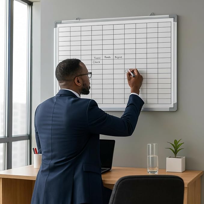 AmazingSpark Lined Whiteboard Blank Grid Aluminum Frame Dry Erase Board Reusable Wall Mounted Board for Scheduling, to Do Lists Weekly Planning Home Work(24 x 18 Inch,Whiteboard with Grid)