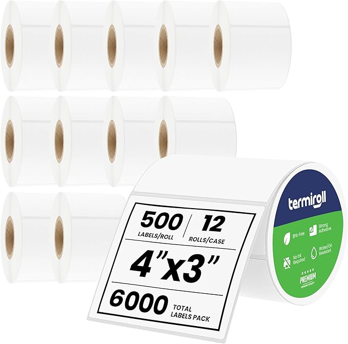 4x3 Direct Thermal Labels – 12 Roll Bulk Pack (6000 Labels), High-Volume Product & Inventory Barcode Labels, No Ink Required, Smooth Feeding for Rollo, Zebra & MUNBYN Printers