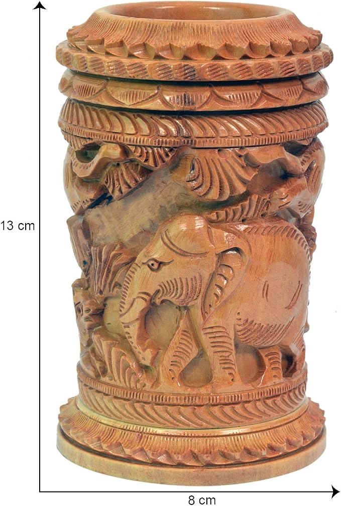 Craft Trade Hand Carved Wooden Pen Holder Desk Organizer, Elephant Design Pencil Holder Cup for Office Home School, Wooden Stationery Storage Box, Desk Decor, Camel Brown