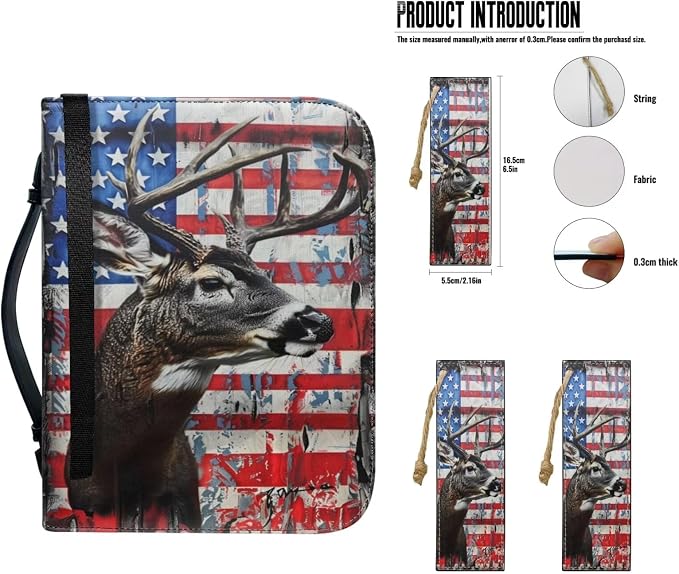 Lotusorchid American Flag Deer Print Bible Cover with Matched Book Marks for Women, PU Leather Bible Carrying Case Bible Bag for Men Protective Bible Case with Pen Storage, Size 2XL