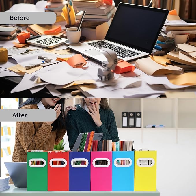 Collapsible File Organizer Box with Handle – Cardboard Hanging File Folder Storage Crate for Desk, Office, School, or Home – Colorful Portable Filing Box, Document Organizer, Magazine Holder