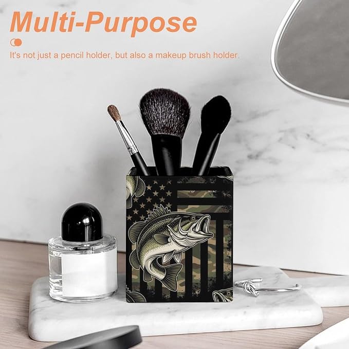 Women's Fashion Pencil Pen Holder Cup, Waterproof Office Supplies, Waterproof Multifunctional Office Supplies Bass Fishing Hunting Camo Camouflage American Flag Art