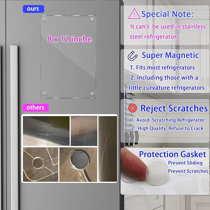 JonXon 8"x12" Acrylic Magnetic Dry Erase Board for Fridge, Clear Acrylic Magnet Calendar for Refrigerator,Includes 6 Dry Erase Markers(Clear Blank)
