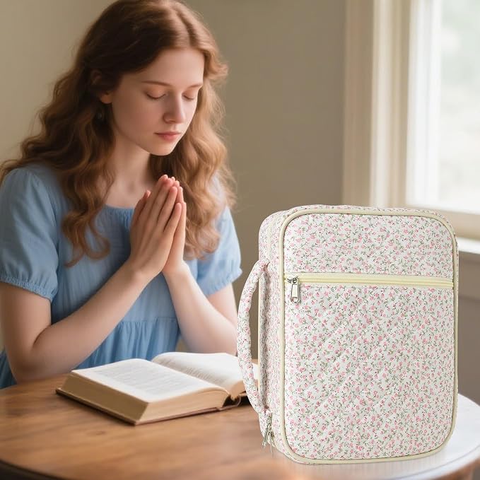 Large Bible Cover Case for Women, Large Floral Quilted Cotton Bible Carrying Cases Protective Bag with Handle and Zippered Pocket for Christian, Bible Study Supplies Christian Gifts (Pink Floral)