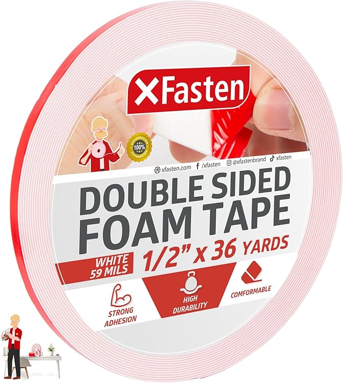 XFasten Double Sided Tape Foam Mounting Tape, 1/2-Inch x 36 Yards