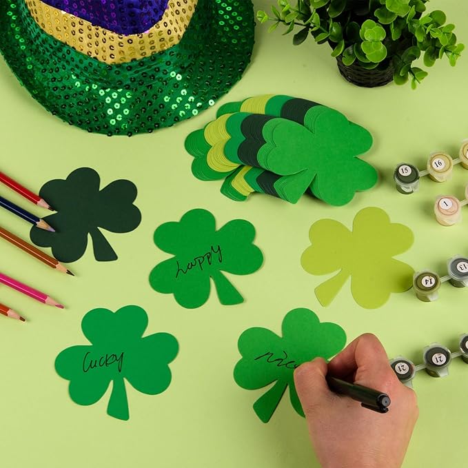 MixTeach 360 Pcs St. Patrick's Day Shamrocks Cutouts 4 Inch Paper Clover Cut-Outs Assorted Green Clover Shape Die Cuts for Irish St. Patrick's Day Party Kids School Craft Project Bulletin Board Decor