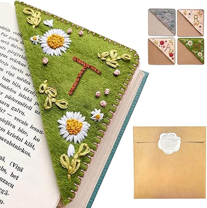 Personalized Hand Embroidered Corner Bookmark, 26 Letters Hand Stitched Felt Corner Letter Bookmark, Cute Flower Embroidery Bookmarks for Book Reading Lovers Meaningful Gift (Summer，T