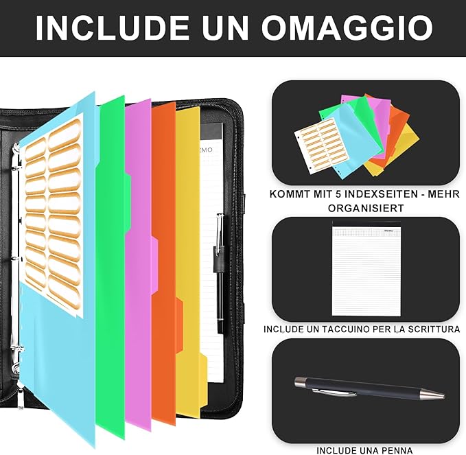 Leathario Portfolio Binder, Includes 5 Folder Index Dividers, 13 Inch Tablets Organizer with Handle, Vegan Leather A4 Padfolio, Multi-Pocket Notepad Business Planner Professional Document