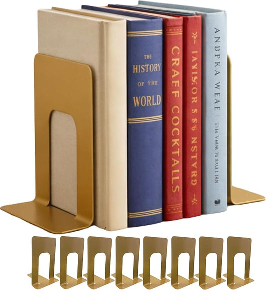 Alessk Dark Matte Gold Metal Bookends for Shelves – Heavy Duty Decorative Bookends for Heavy Books – Modern Book Ends for Office Bookshelf- has 3 Non-Slip Pads at the Bottom – 4 Pairs (8 Pieces)