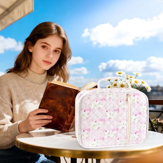 Zkptops Bible Cover Case for Women Large Bible Bag Cotton Quilted Bible Carrying Case with Zipper Pocket and Handle Carrying Book Cover for Christian Study Supplies Christian Gift(Bow Flower)