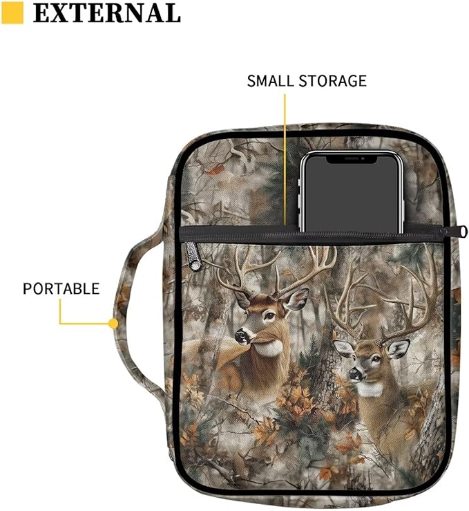 Suobstales Deer Camo Forest Print Bible Covers for Women Men Lightweight Bible Bag Bible Accessories with Handle and Zippered Pocket Bible Tote Bag for Kids