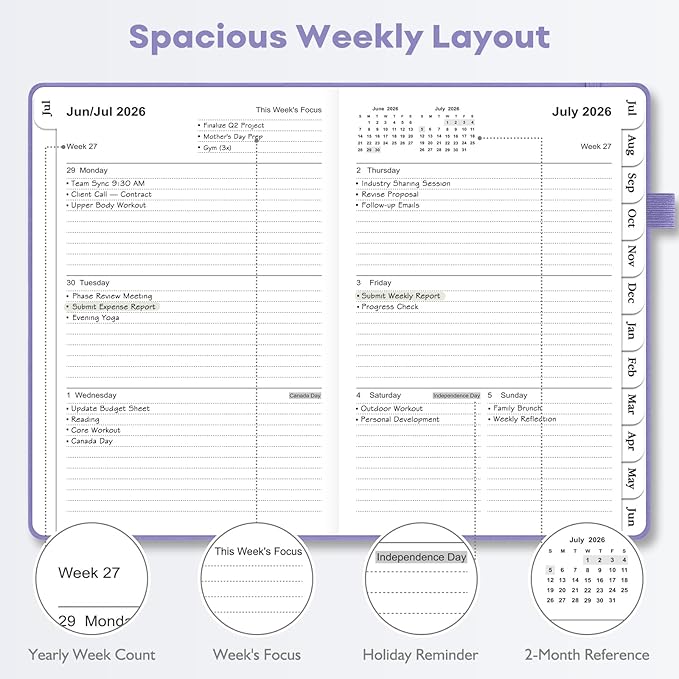 OMEYA Leather Academic Planner 2026-2027: A5 Purple Business Weekly & Monthly Planner for Work, July 2026 – June 2027, 100gsm Thick Paper, Durable Stitched Binding, Tabs, Pen Loop, Pocket