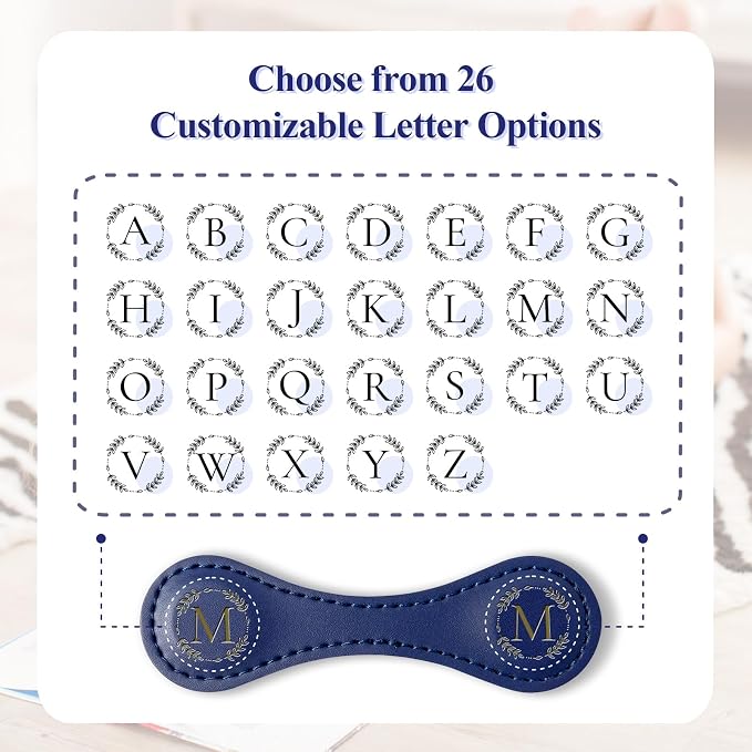 Personalized Leather Magnetic Bookmark with Pen Holder – Custom Initial Design for Readers（Blue-G）