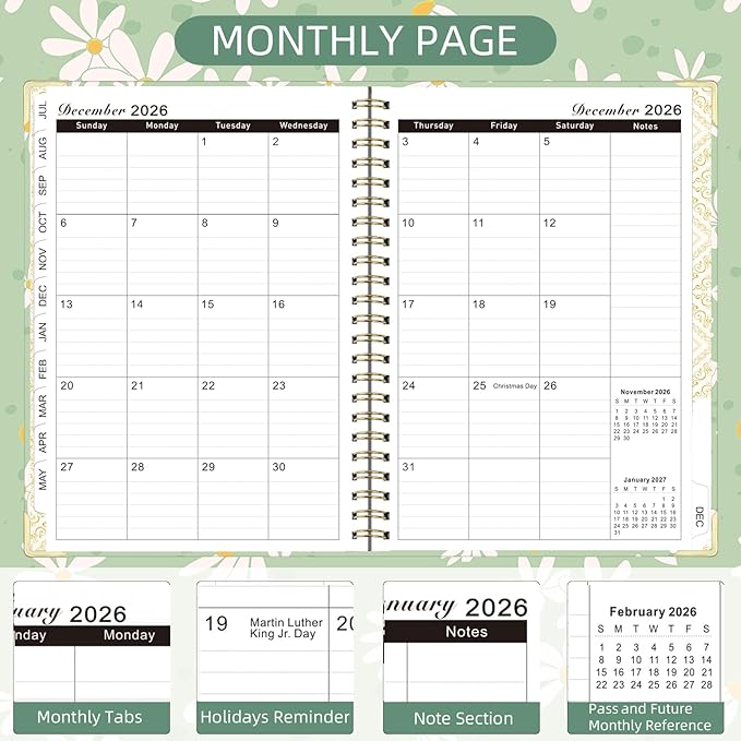 2026 Monthly Planner, Jan.2026 - Dec.2026 Weekly Monthly Planner 6.25"x8.5" with Page Tabs, Calendar Hardcover with Inner Pocket, Elastic Band, Twin-Wire Binding, Bookmark, Green Daisy