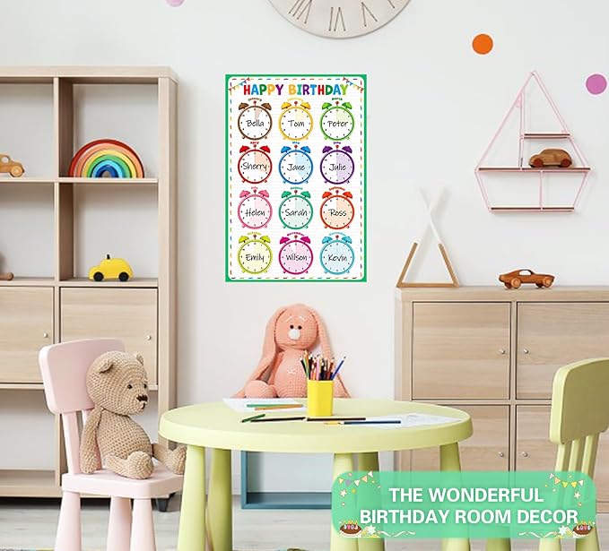 D24TIME Classroom Birthday Chart Calendar - Colorful Reusable Laminated Happy Birthday Poster for Bulletin Board Decoration & Back To School Teacher Supplies