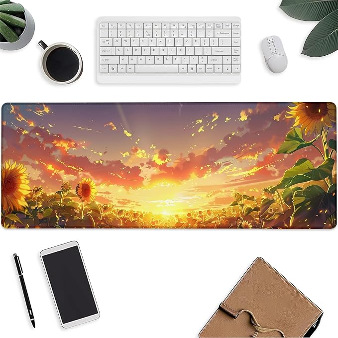 Sunflower Mouse Pad，Sunset Gaming Keyboard Mat，Laptop Computer Protector with Non-Slip Rubber Base，Large Extended MousePads Gifts for Desk Office Home，Deskmat Decor 31.5" x 11.8"