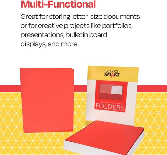 School Smart Extra-Large Folders with Pockets, 9 x 12 Inches, Red, Pack of 25