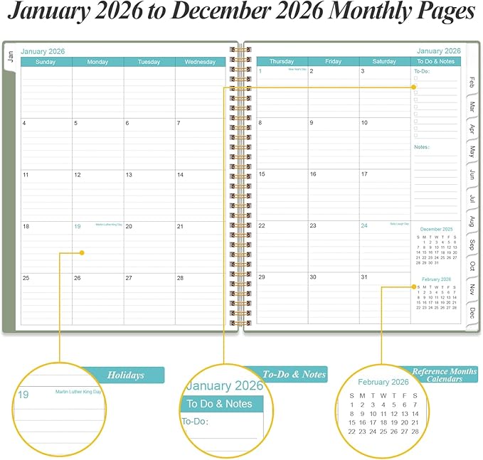 2026 Planner - 8.5" x 11" Weekly Monthly Planner from January 2026 to December 2026 with 12 Monthly Tabs, Inner Pocket, Elastic Closure, Green