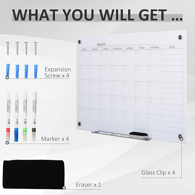 Vinsetto 35"x23" Dry Erase Wall Calendar Glass Whiteboard Monthly Planner for Homeschool Supplies & Home Office Organization with 4 Markers and 1 Eraser,Frameless