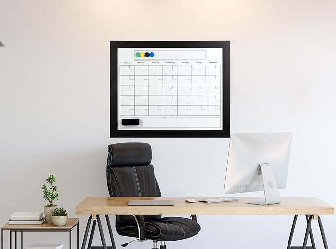 Large Magnetic Dry Erase Whiteboard Calendar with Real Wooden Frame, Large 24" x 30" Size, Wall Mount, Includes 4 Assorted Color Markers, Eraser and 4 Magnets, by Better Office Products (Solid Black)