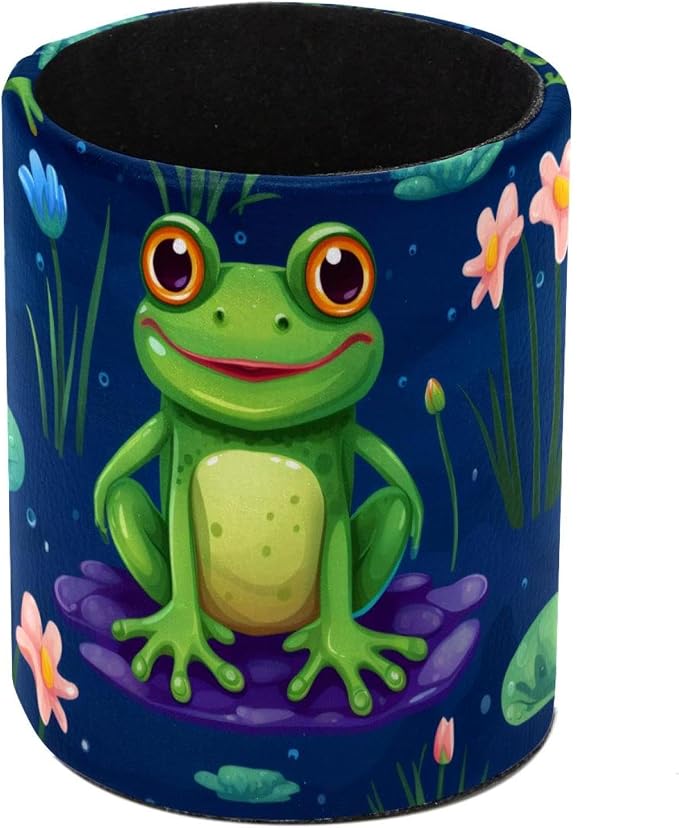 Pencil Holder for Desk, Cute Frog Pen Cup Makeup Brush Holder, Leather Desktop Organizer Storage Case Stationery for School Home Office Supplies