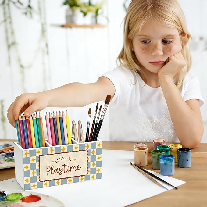 Kids Playroom Pen Pencil Holder for Desk, Playroom Decor, Long Live Playtime Wooden Box Sign Decorations for Kids Boys Girls Room Bedroom Playroom Classroom Desk Tabletop