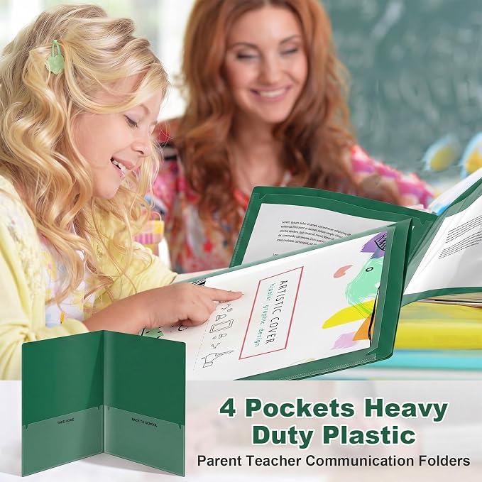 Henoyso 24 Pcs Take Home Folder Heavy Duty 2 Clear Front Pockets and 2 Inside Pockets Homework Folders for School Students Parent Teacher Classroom Communication (Dark Green)