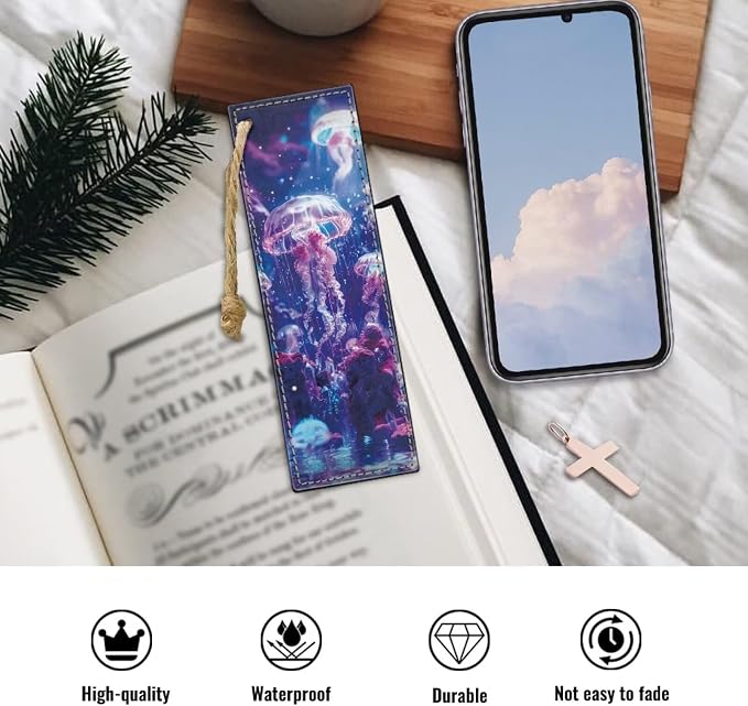 Colorful Jellyfish Bookmark 2 PCS Leather Bookmarks for Women, Men, Book Lovers, Page Markers for Students Teachers Reading Personalized Bookmark