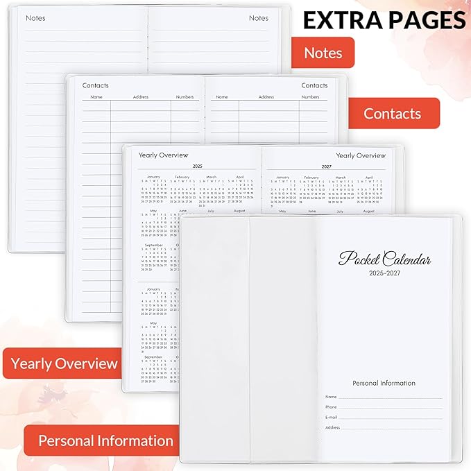 KONVINIT Pocket Calendar 2025-2027, Floral 2025-2027 Monthly Planner - 3.7" x 6.7" - Runs from July 2025 Until December 2027, 2026 Pocket Planner with PVC Cover for Home, School, Office Supplies