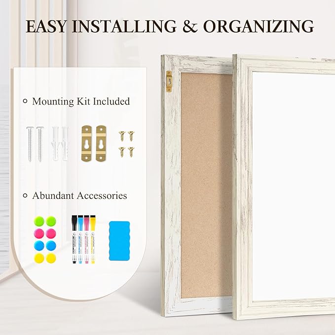 4 THOUGHT Dry Erase Board, 24 x 18 in Magnetic Whiteboard White Vintage Wood Frame Decorative White Board Wall-Mounted Notice Board for School, Office, Home, 8 Magnets 4 Markers 1 Eraser